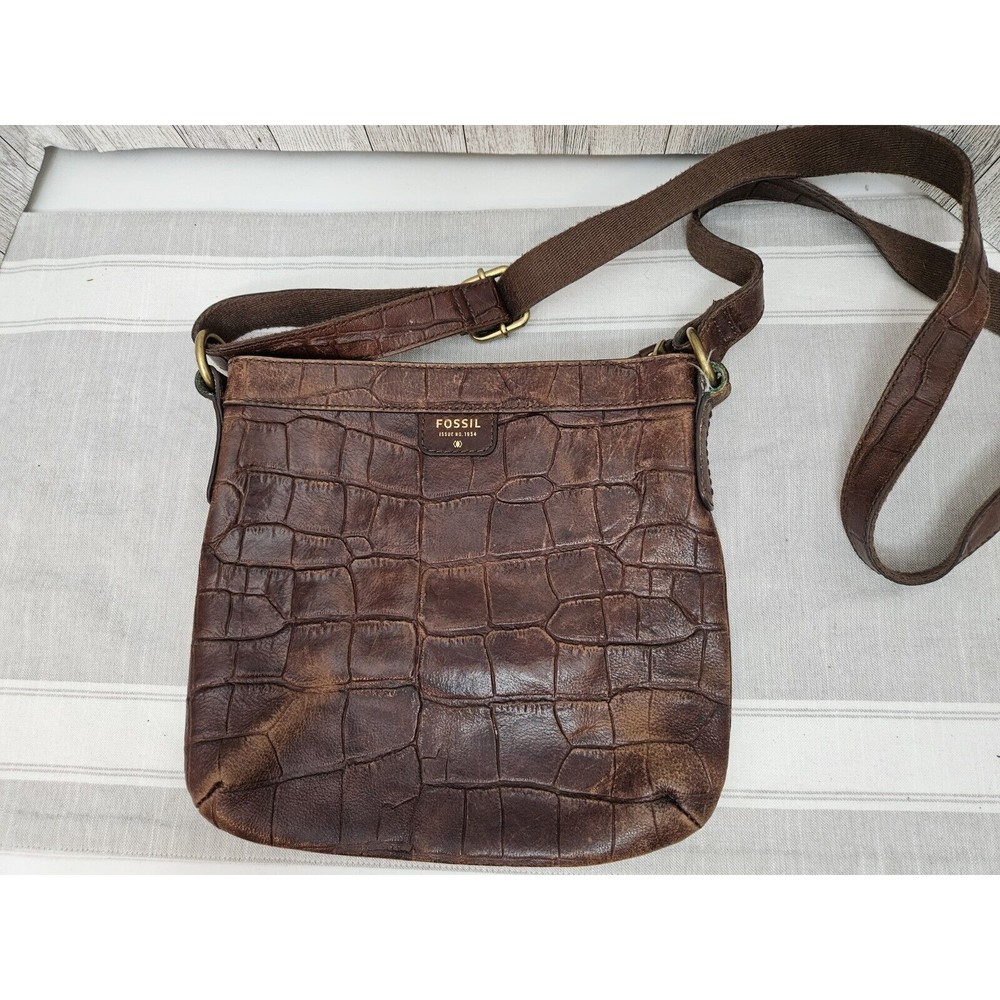 Fossil Crossbody SHB1077 Dark Brown Leather Croc Embossed Medium Size